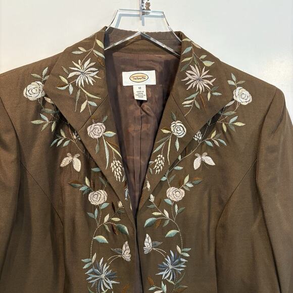 Talbots Brown Silk Shantung Embroidered Long Blazer Jacket Womens Size 12 - Picture 3 of 7